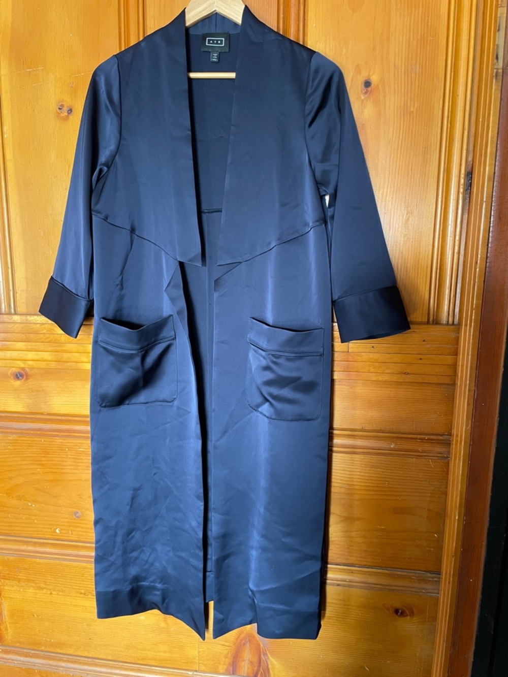 Aritzia Silk-Blend Long Open Duster in Deep Navy